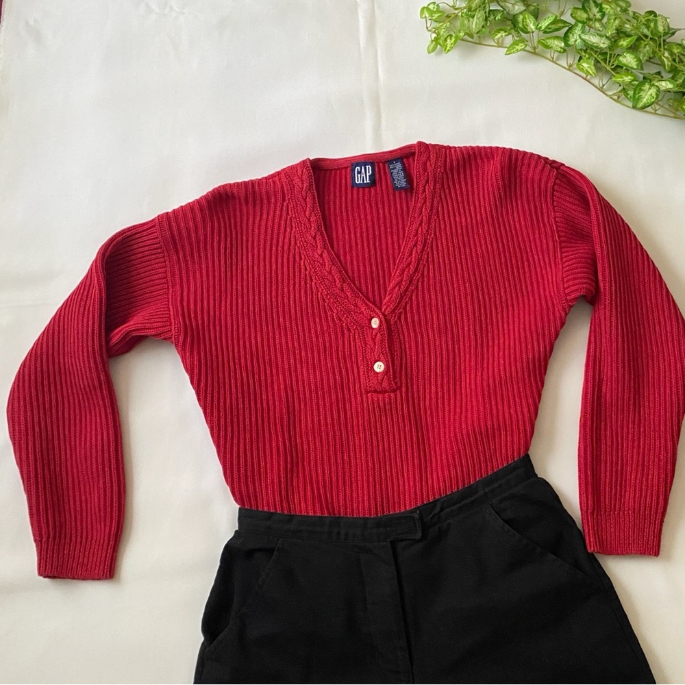 GAP Red Knit V-Neck Half Button Down Long Sleeve Sweater Top